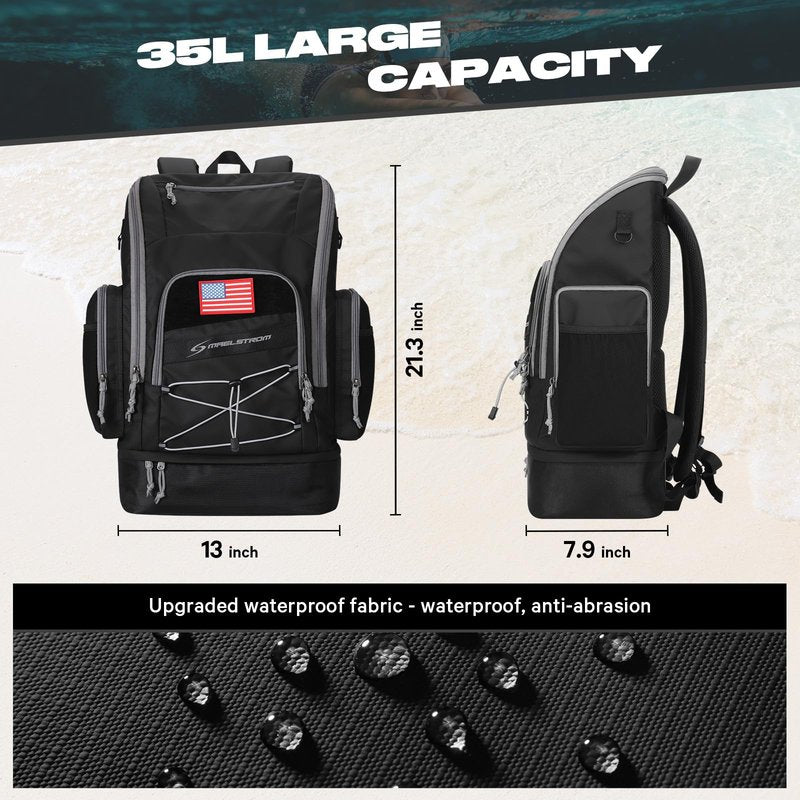 Maelstrom Swim Backpack,35L Swimming Bag with Separate Shoes Compartment,Swim Gear Bag for Beach,Athlete Sports Gym Rucksack for Men and Women (Black)