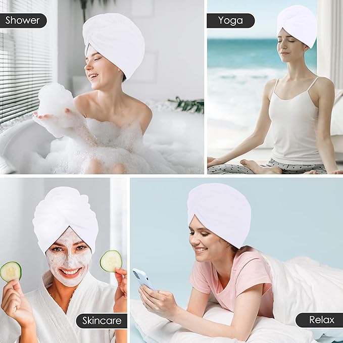 TENSTARS 5 Pack Thicken Microfiber Hair Towel Wrap for Women - Elastic Loop Design - 320GSM Coral Velvet - Quick Dry Hair Turban - 11x28 Inch (White)
