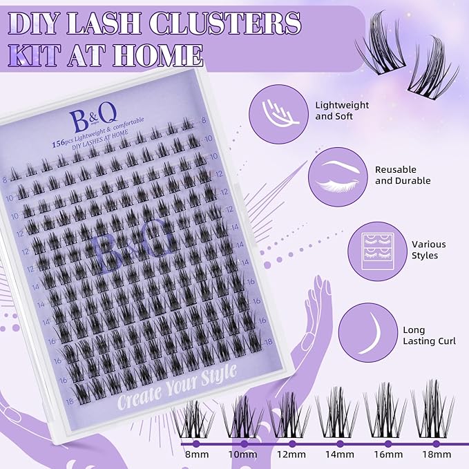 B&Q Wispy Lash Clusters Kit B20, DIY Lash Extension Kit 156PCS Eyelash Extension Kit, Soft Natural Lash Clusters 8-18MIX D Curl Lash cluster, Thin Black Band Cluster Eyelash Extensions (B20 Set)