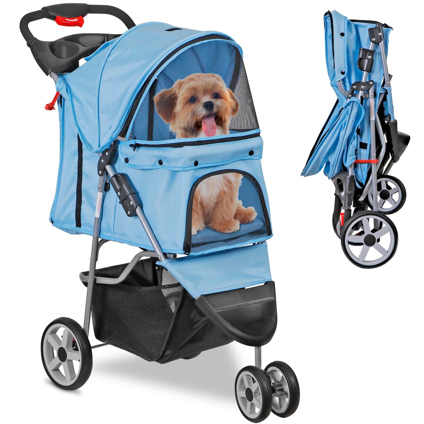 LEMY Pet Stroller,3 Wheels Dog Cat Stroller for Small Medium Dog Cats Carrier Jogger Travel Foldable Puppy with Storage Basket and Cup Holder(Blue)