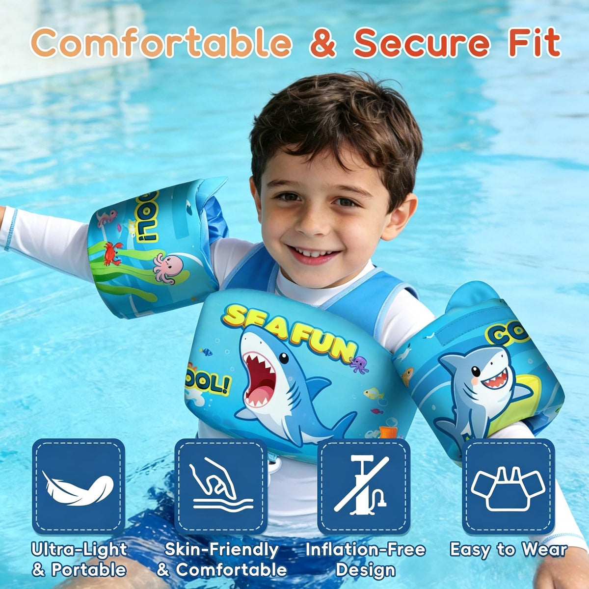 ReePlan Toddler Swim Vest for Kids 13-30-50-66 Lbs, Adjustable Swim Training Vest with Arm Floaties Reflective Strips Shoulder Straps & Secure Crotch Strap, with Whistle, Ages 1-2-3-4-5-6 Pool & Beach