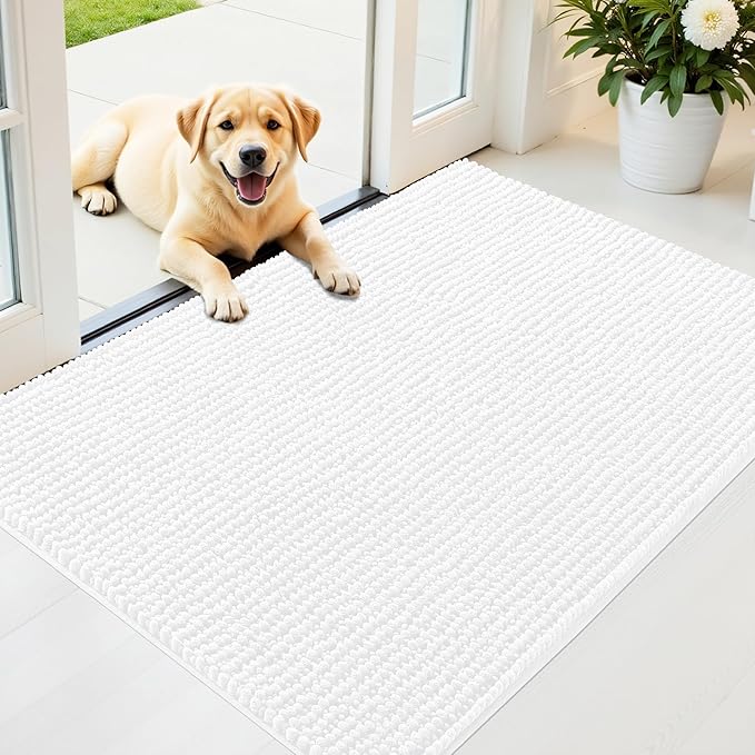 OLANLY Dog Door Mat for Muddy Paws 44x32, Ultra Absorbent Chenille Mud Doormat, Non-Slip Washable and Dirt Trapping Doormat for Indoor Entryway, Quick-Dry Indoor Pet Bed Mats for Dogs, White