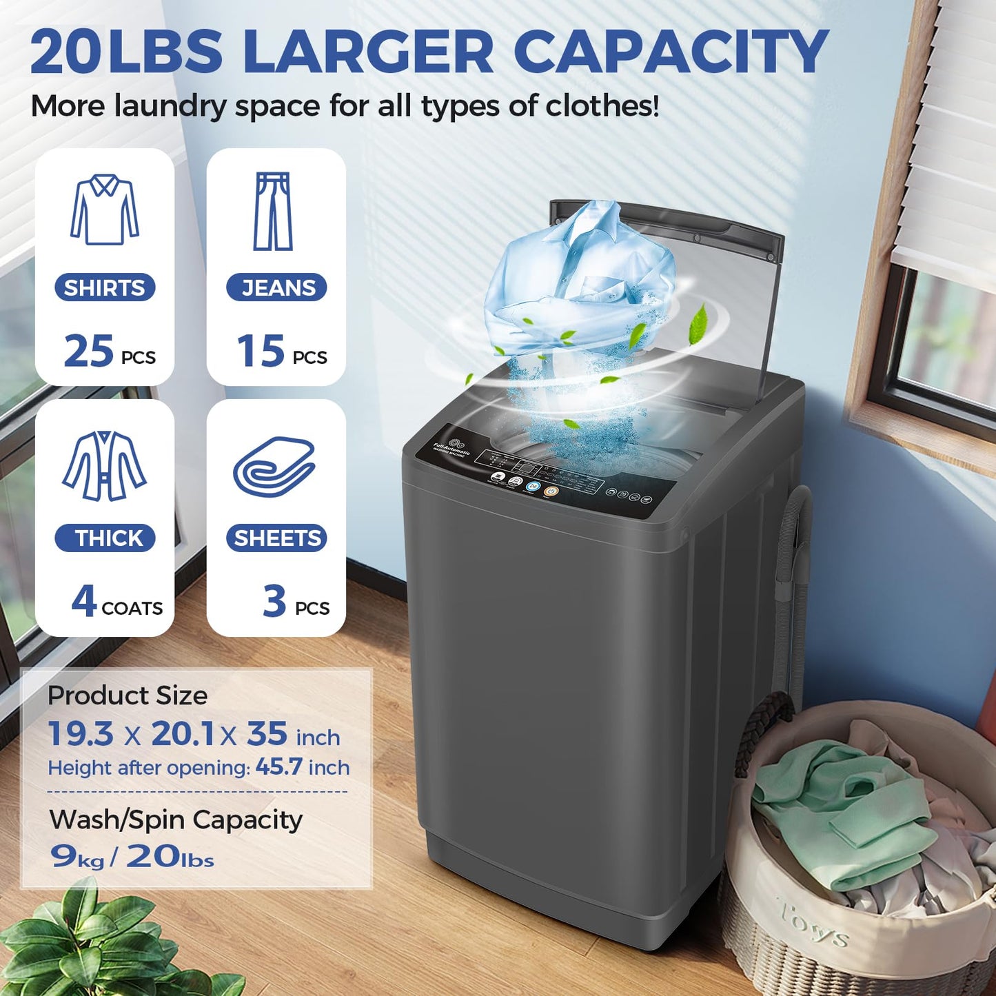 Nictemaw Portable Washing Machine, 20Lbs Capacity Full-Automatic Portable Washer Machine, 2.8Cu.ft Washer and Dryer Combo with 10 Programs & 8 Water Levels Compact Laundry Machine Apartments,RVs