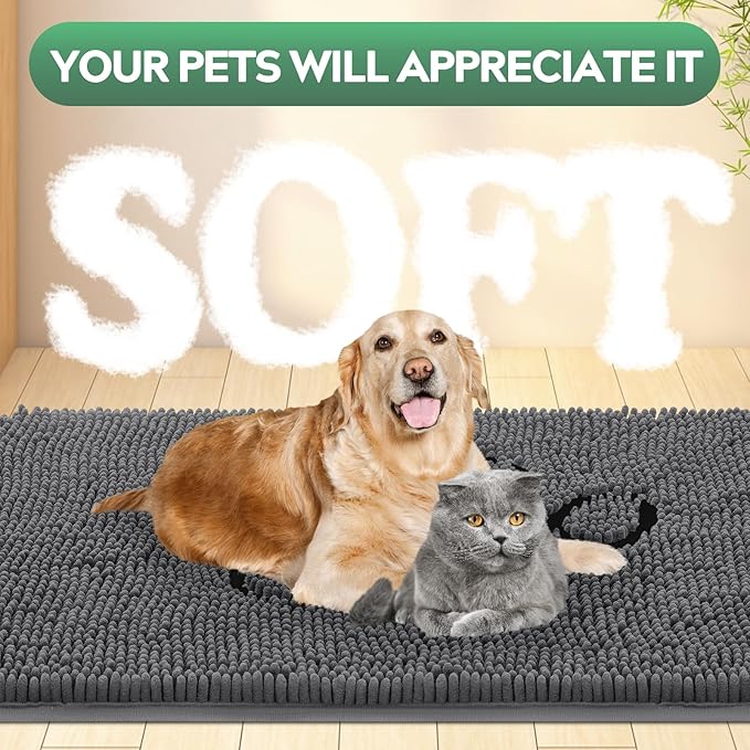 Dog Door Mat for Muddy Paws, Pet Rug Chenille Absorbent Outdoor Doormat 36"x 24", Non Slip Heavy Indoor Doormat Soft Front Inside Doormats for Entryway, Mud Paws, Patio,Dog Paw Black Grey