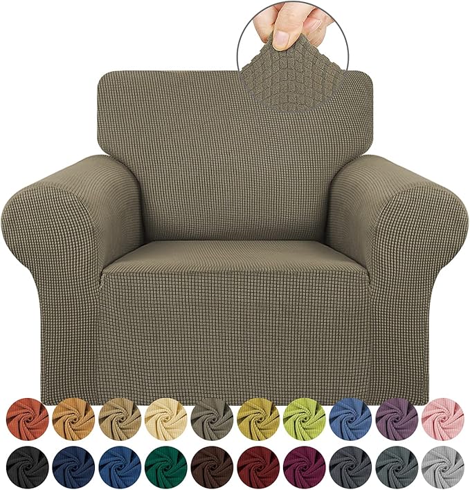 KEKUOU Stretch Single Sofa Slipcover 1 Piece Couch Sofa Cover (31"-55") Furniture Protector 1 Seater Sofa with Elastic Bottom for Kids,Pet.Jacquard Small Checked Pattern Fabric(Small,Khaki)