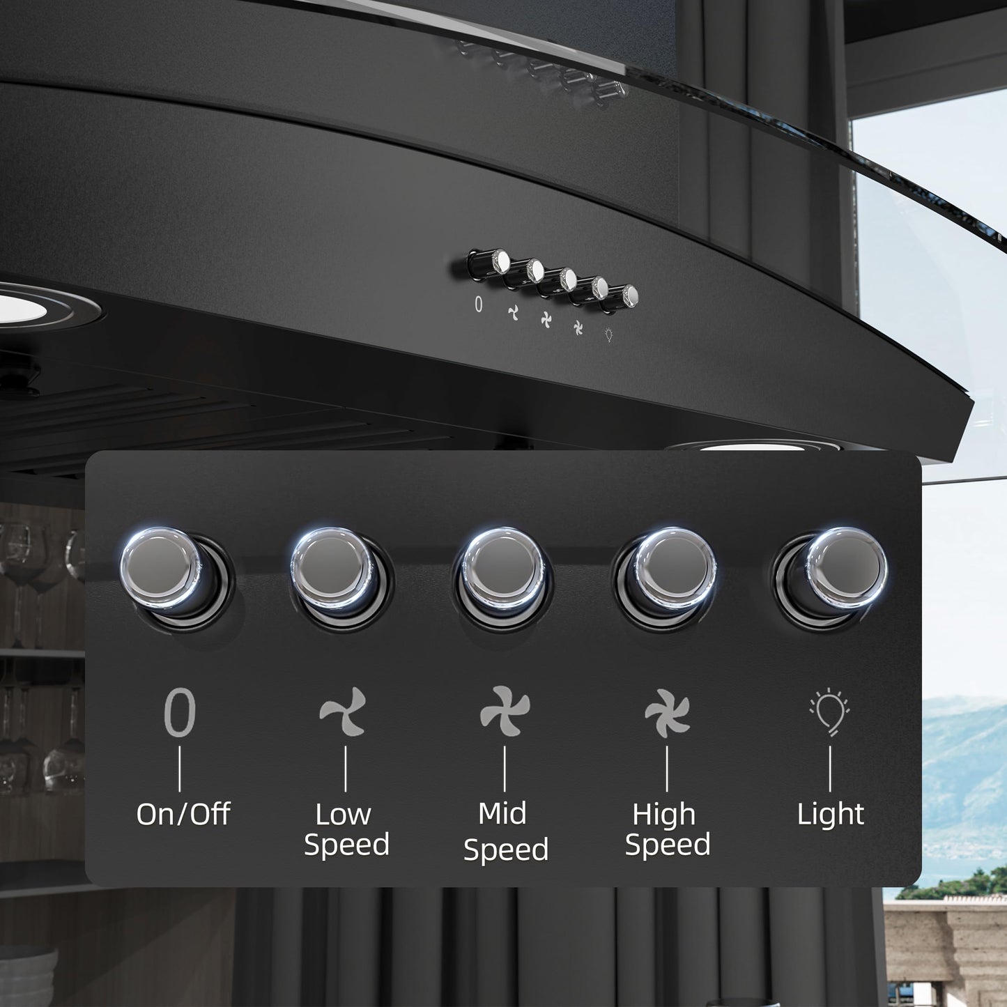 FIREGAS Black Island Mount Range Hood 30 inch with 700 CFM, Ceiling Mount Kitchen Vent Hood Ducted/Ductless Convertible, 4 LED Lights, 3 Speed Exhaust Fan, 2 charcoal fiters, Black
