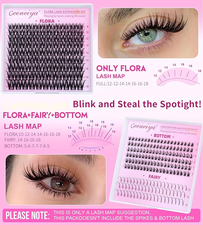 Geeneiya FLORA Lash Clusters, 8-18MM Wispy Eyelash Clusters, Natural Cluster Lashes for Beginners, Waterproof Cluster Eyelash Extensions DIY Lashes (Not Kit)