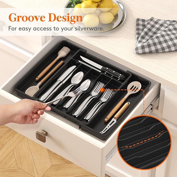 Lifewit Silverware Drawer Organizer, Expandable Utensil Tray for Kitchen, BPA Free Flatware and Cutlery Holder, Adjustable Plastic Storage for Spoons Forks Knives, 11-18 x 14", Black
