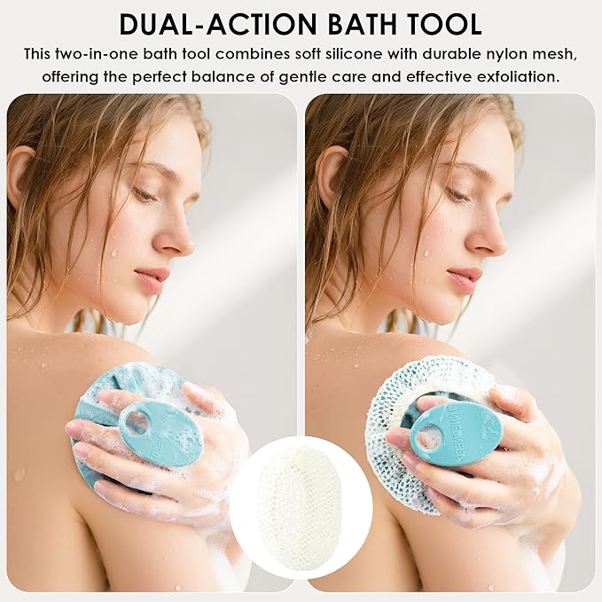 INNERNEED Food-Grade Soft Silicone Body Scrubber Shower Brush Handheld Cleansing Skin Brush, with Exfoliating Net Sponge Case (Pack of 4)