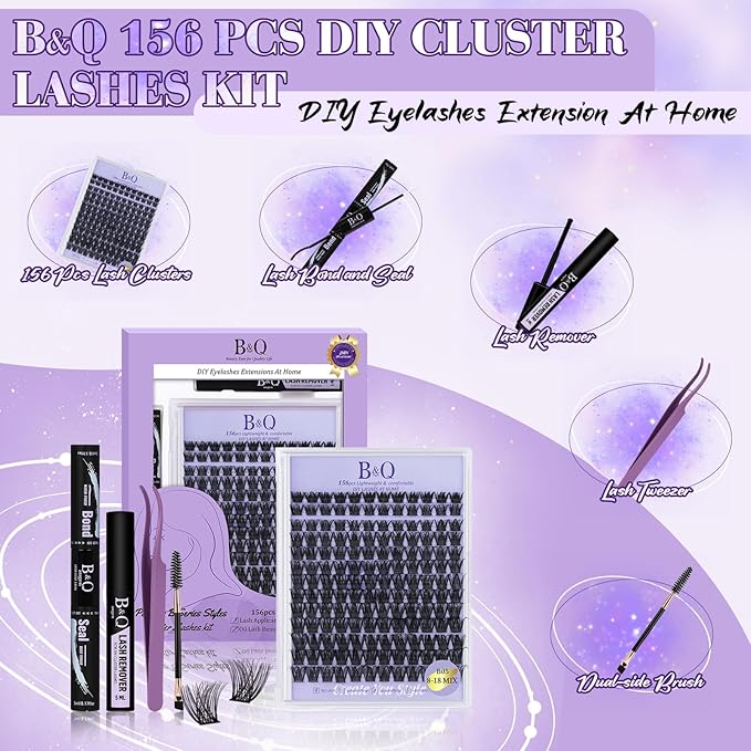 B&Qaugen Lash Extension Kit B05 Eyelash Extension Kit B&Q DIY Lash Extension Kit 156 PCS Lash Clusters 8-18mm Cluster Eyelash Extensions Kit with Lash Bond and Seal Lash Applicator Tool (Kit,B05)