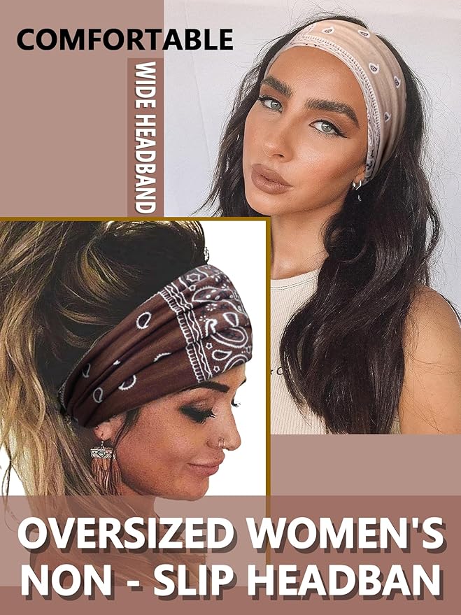Awumbuk Wide Headbands for Women Knotted No Slip Head Bands Soft Turban Headband Hair Accessories Boho African Solid Color Head Wraps for Women Yoga Workout Pack of 6 (Nature)