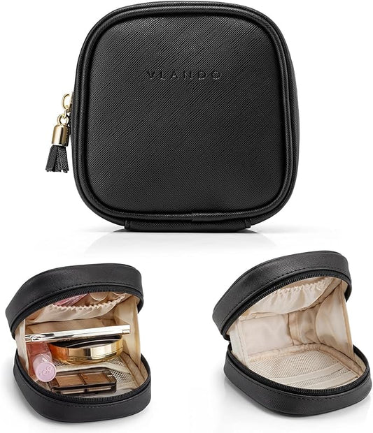 VLANDO Mini Makeup Bag, Small Makeup Bag for Purse with Slip-in Pockets, Portable Travel Toiletry Bag with Zipper, Waterproof Travel Essentials for Women-Black