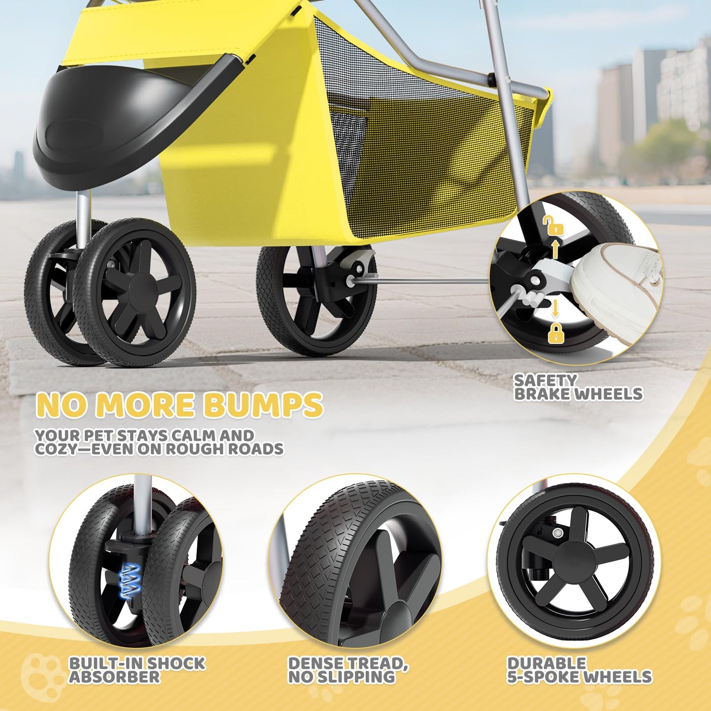 Magshion 3-Wheel Pet Stroller, Foldable Travel Jogger for Small & Medium Dogs & Cats (Up to 33lbs), Lightweight Carrier with Breathable Mesh Cover, Cup Holder & Storage Basket, Yellow