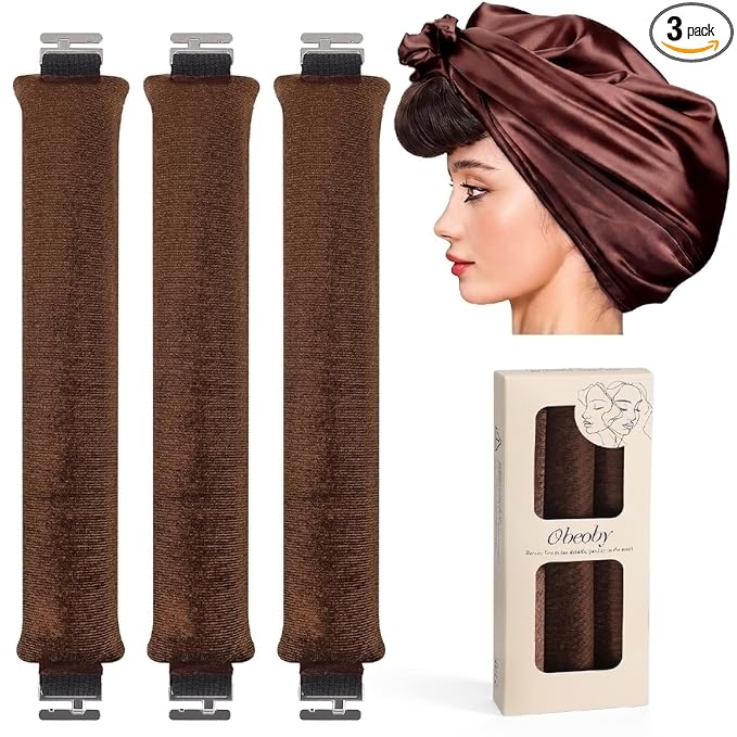 Heatless Curlers, Heatless Curls Overnight Set for Women, No Heat Hair Curlers to Sleep In, Jumbo Overnight Curls with Blowout Rods for Long Hair (Brown, 3 Pack Curling Rod with 1 Scarf)