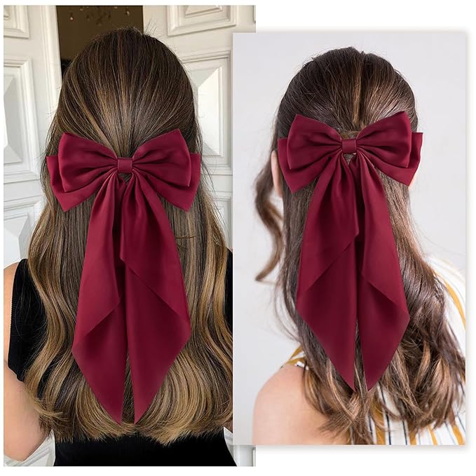 6Pcs Large Bows Hair Clips for Women Girls Long Tail Hair Ribbon Silky Satin Barrettes Coquette Hair Bows Accessories (Dark Red)