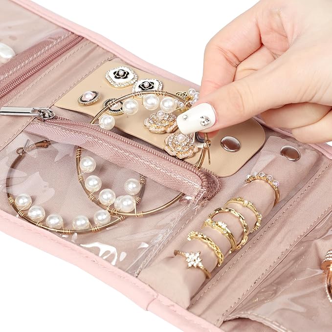 BELALIFE Travel Jewelry Case Organizer, Small Foldable Storage Roll for Earrings, Necklaces, Rings, Bracelets, Brooches, Pink