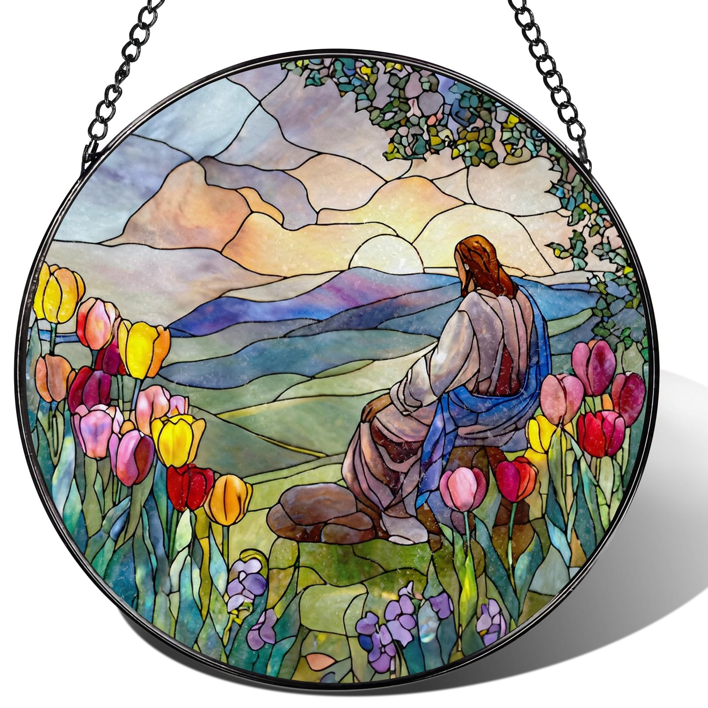 Stained Glass Suncatcher, Jesus and Sunrise Sun Catcher Ornament; Stained Glass Window Hanging, Christmas Ornament, Christian Home Decor; Baptism Gift, Christian Gifts, Religious Gifts