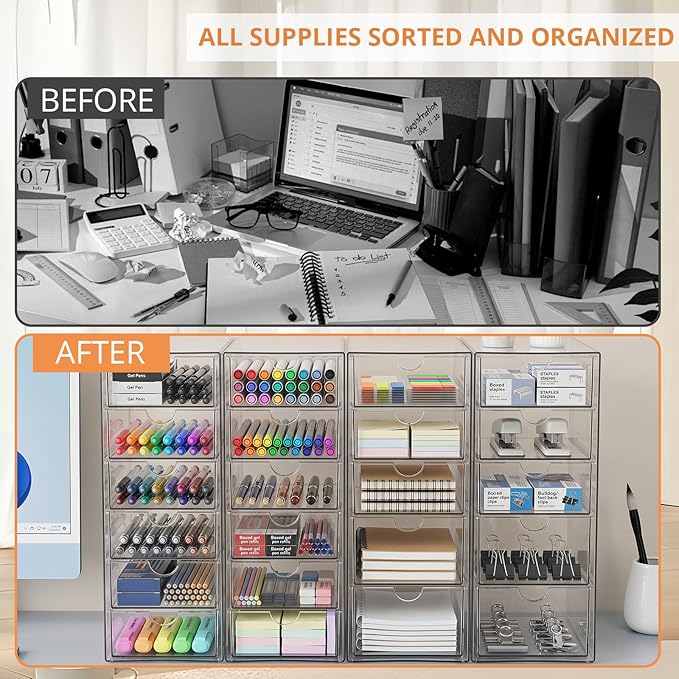 Makeup Drawer Storage Organizer with 22 Drawers, 4 Set Acrylic Office Desk Organization and Storage, Dustproof Drawer Organizer for Makeup, Office, Countertop, Jewelry, Pen, Desktop, Bathroom, Bedroom