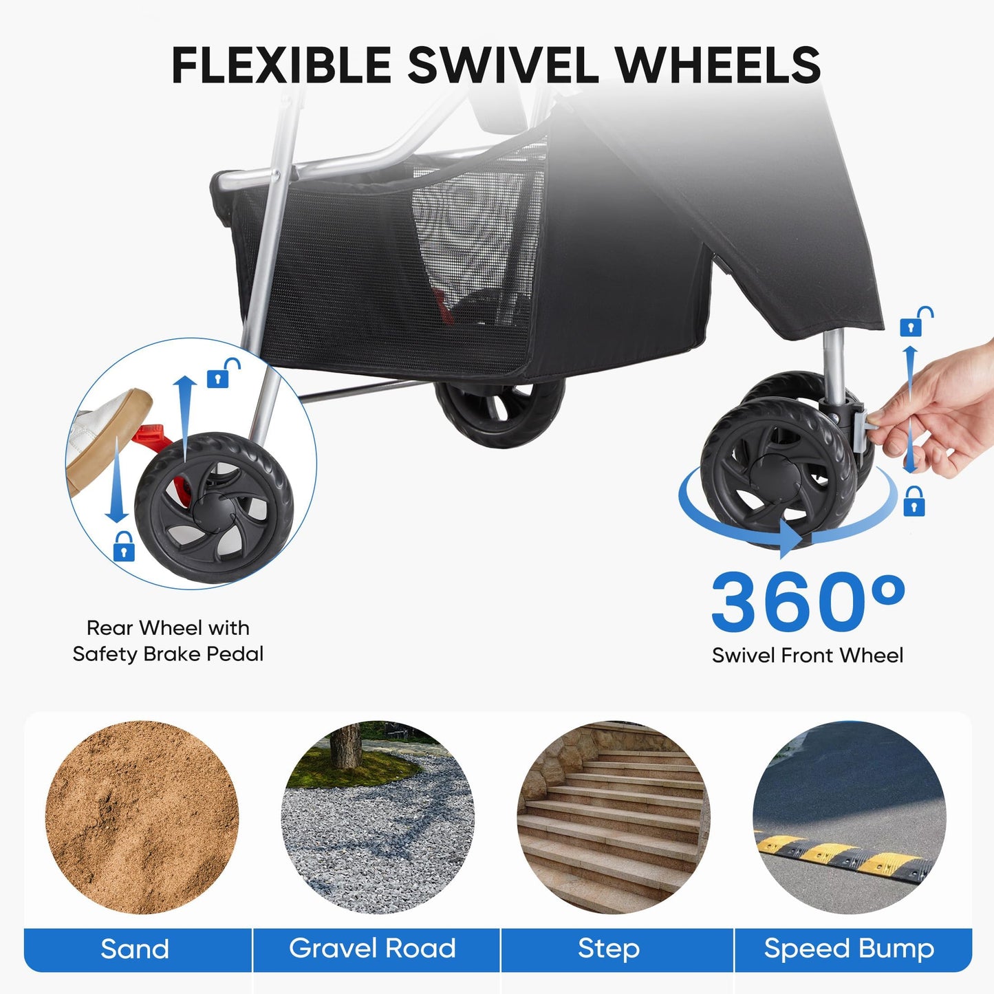 NEWBULIG Pet Stroller for Dogs, Cats Stroller with 3 Wheel, Foldable, Lightweight and Durable, Ideal for Small to Medium Pets, Includes Storage Basket and Cup Holders, Black