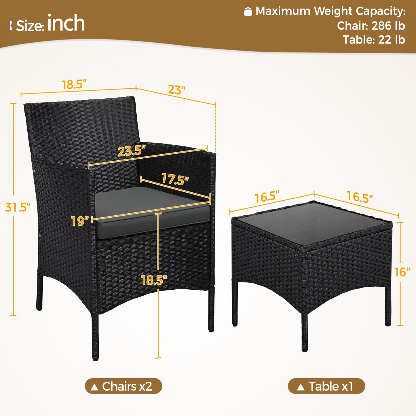 Yaheetech 3 Pieces Patio Porch Furniture Set, Outdoor PE Rattan Wicker Conversation Set with Soft Cushions, Glass Coffee Table & 2 Chairs for Garden/Deck/Courtyard/Poolside, Black/Gray