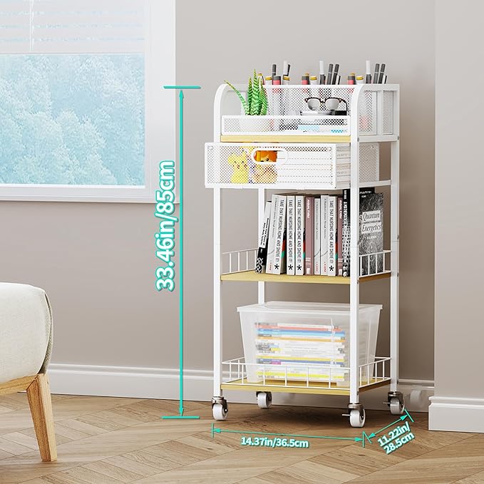 HapiRm Makeup Organizer Storage Cart - 4 Tier Skincare Make Up Storage with Drawer, Rolling Makeup Cart Vanity Organizer Cosmetics Display Cases Holder for Skin Care Perfume Nail Polish Brush