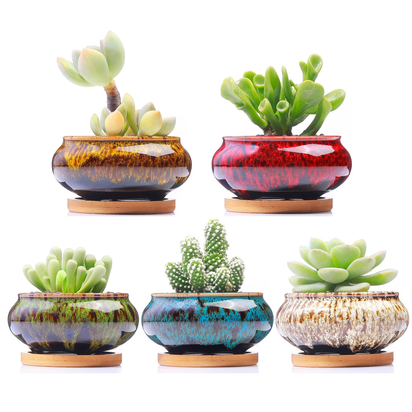 LamDawn Cute Ceramic Succulent Garden Pots, Planter with Drainage and Attached Saucer, Set of 5 -Plants Not Included (Burner)