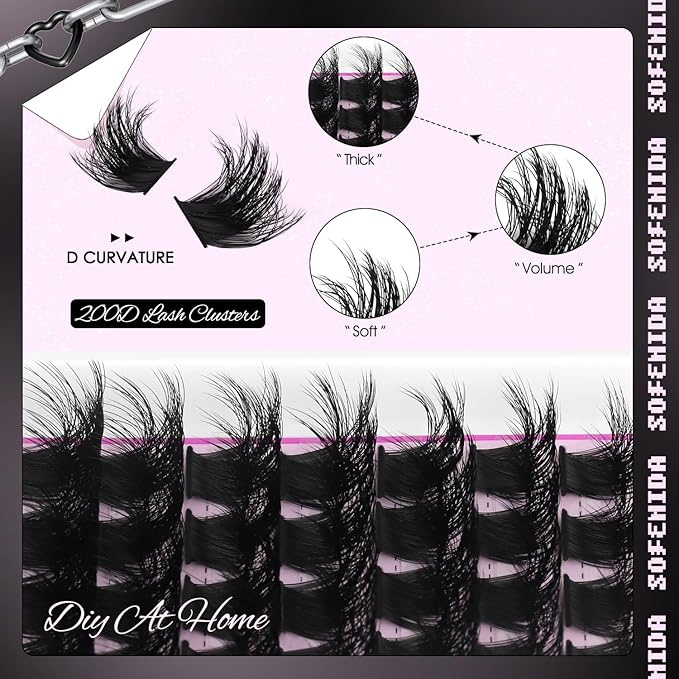 SOFENIDA Lash Clusters Thick 200D Eyelash Clusters 10-18mm Volume Cluster Lashes D Curly Cluster Eyelash Extensions Wispy Lash Clusters DIY Lash Extension at Home(200D-10-18MIX Lashes)
