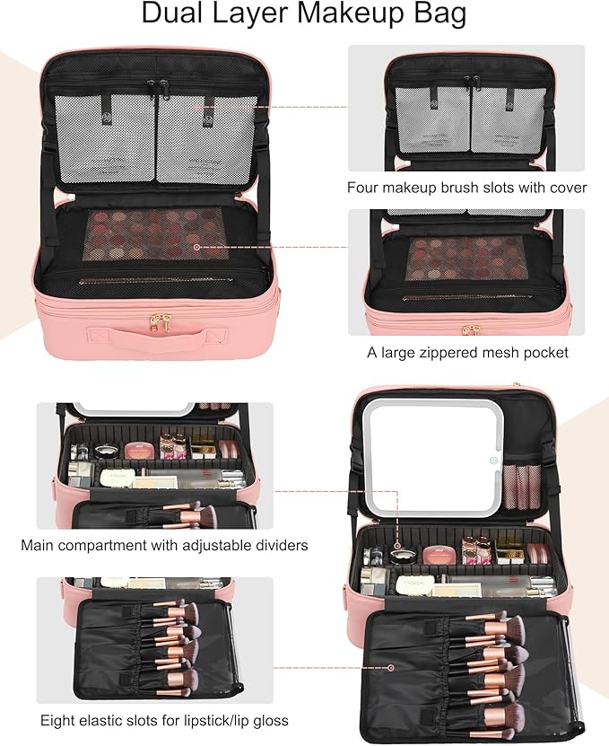 Chomeiu Makeup Bag with LED Mirror, Large Travel Cosmetic Train Case for Women, Makeup Artists Large Organizer Box with Vanity Light Up Mirror, 3 Color Lights, Adjustable Dividers (Pink)