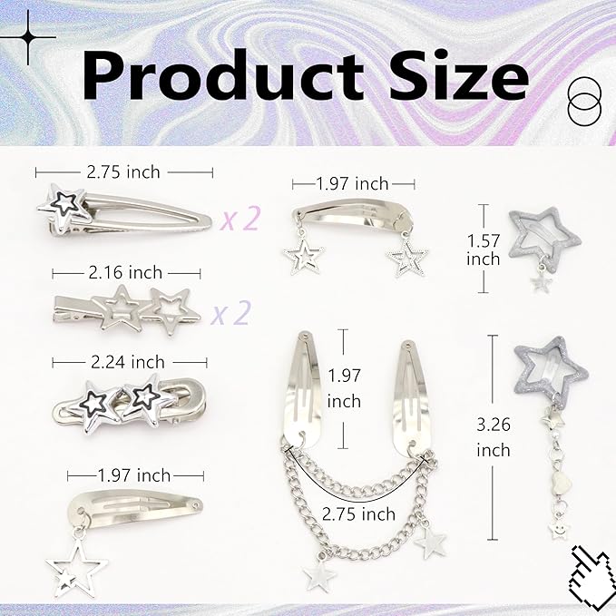 10PCS Star Hair Clips Y2K Silver Hair Clips Metal Star Barrettes 8 Shapes Pentagram Hair Snap Clips Punk Kawaii 2000s Hair Accessories for Women