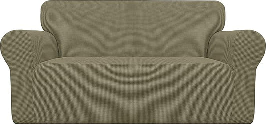 Easy-Going Stretch Loveseat Slipcover 1-Piece Sofa Cover Furniture Protector Couch Soft with Elastic Bottom for Kids Polyester Spandex Jacquard Fabric Small Checks (Loveseat, Khaki)
