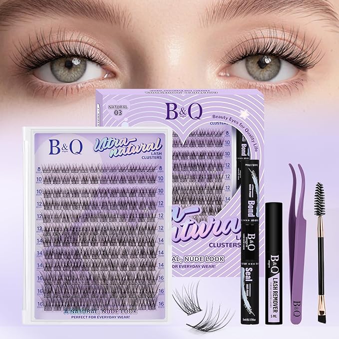 B&Q Wispy Lash Clusters Kit, Natural 03, Individual False Eyelashes Extension Set, Undetectable Natural Look for Effortless Day-to-Night Beauty, from Office Elegance to Date Night Glamour(8-16mix)