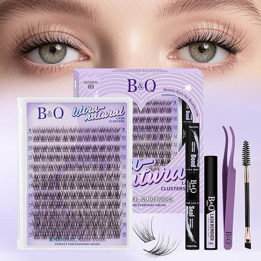 B&Q Wispy Lash Clusters Kit, Natural 03, Individual False Eyelashes Extension Set, Undetectable Natural Look for Effortless Day-to-Night Beauty, from Office Elegance to Date Night Glamour(8-16mix)