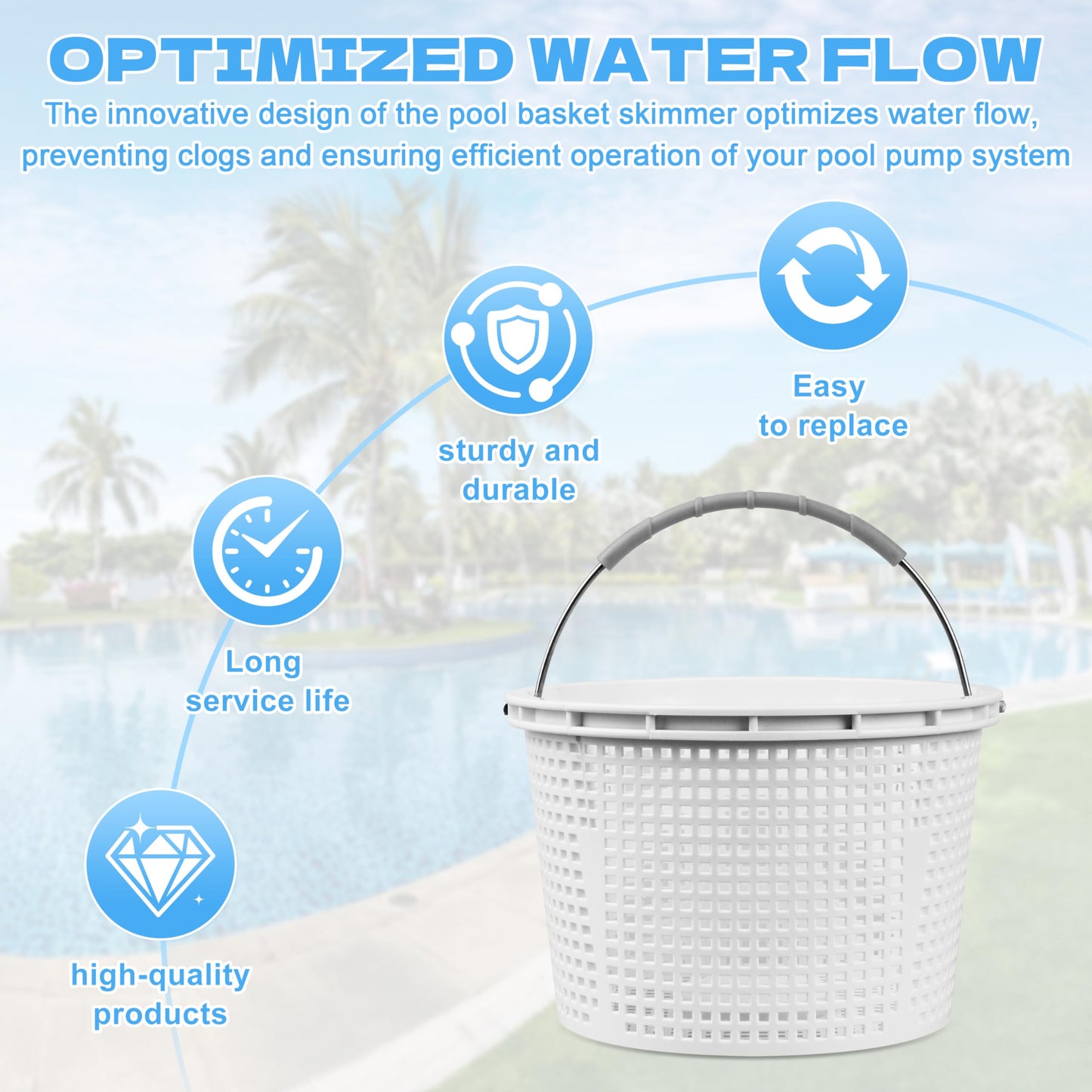 Seaiyomg 8" Pool Skimmer Basket Replacement for Pentair U-3 & Hayward SP1070 | Heavy-Duty Inground Pool Basket with Weighted Metal Base & 316 Stainless Steel Handle