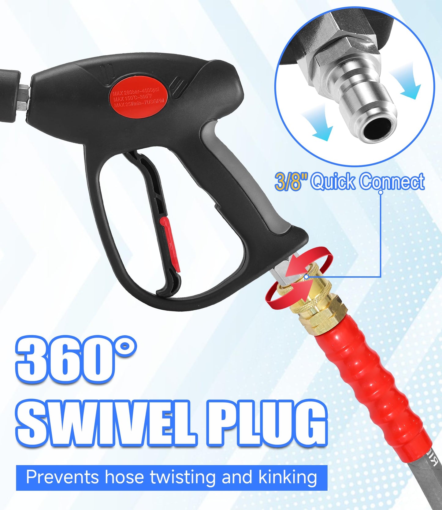 M MINGLE Swivel Pressure Washer Gun, 40 Inch Power Washer Wand with 3/8" Quick Connect, 4000 PSI High Pressure Spray Gun for Car Wash, 5 Nozzle Tips