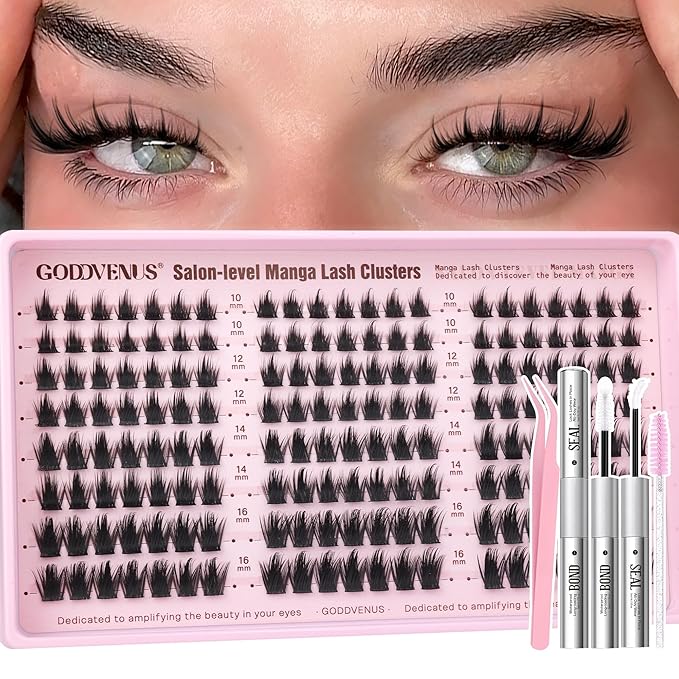 Goddvenus Fluffy Manga Lash Clusters Kit, Natural Wispy Cluster Eyelash Extensions, DIY Lash Extension at Home For Dolly Anime Look, Fairy Individual Lashes Kit with Waterproof Bond and Seal