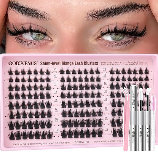 Goddvenus Fluffy Manga Lash Clusters Kit, Natural Wispy Cluster Eyelash Extensions, DIY Lash Extension at Home For Dolly Anime Look, Fairy Individual Lashes Kit with Waterproof Bond and Seal