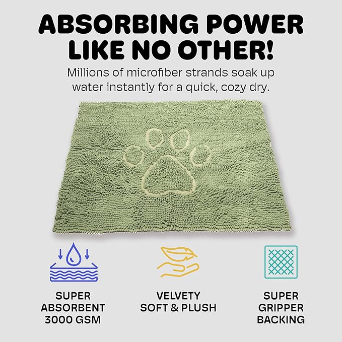 Dog Gone Smart Dirty Dog Doormat - Fast Drying Rug - Plush Mat with Super Gripper Backing for Clean Floors - Absorbent Microfiber and Machine Washable Mat for Muddy Paws - Sage Green