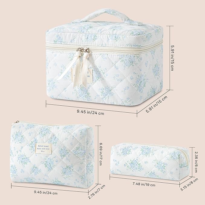 HBselect Quilted Makeup Bag, 3PCS Cotton Large Travel Makeup Bag, Cute Floral Coquette Make up Bag Cosmetic Bag Toiletry Bag for Women Girls