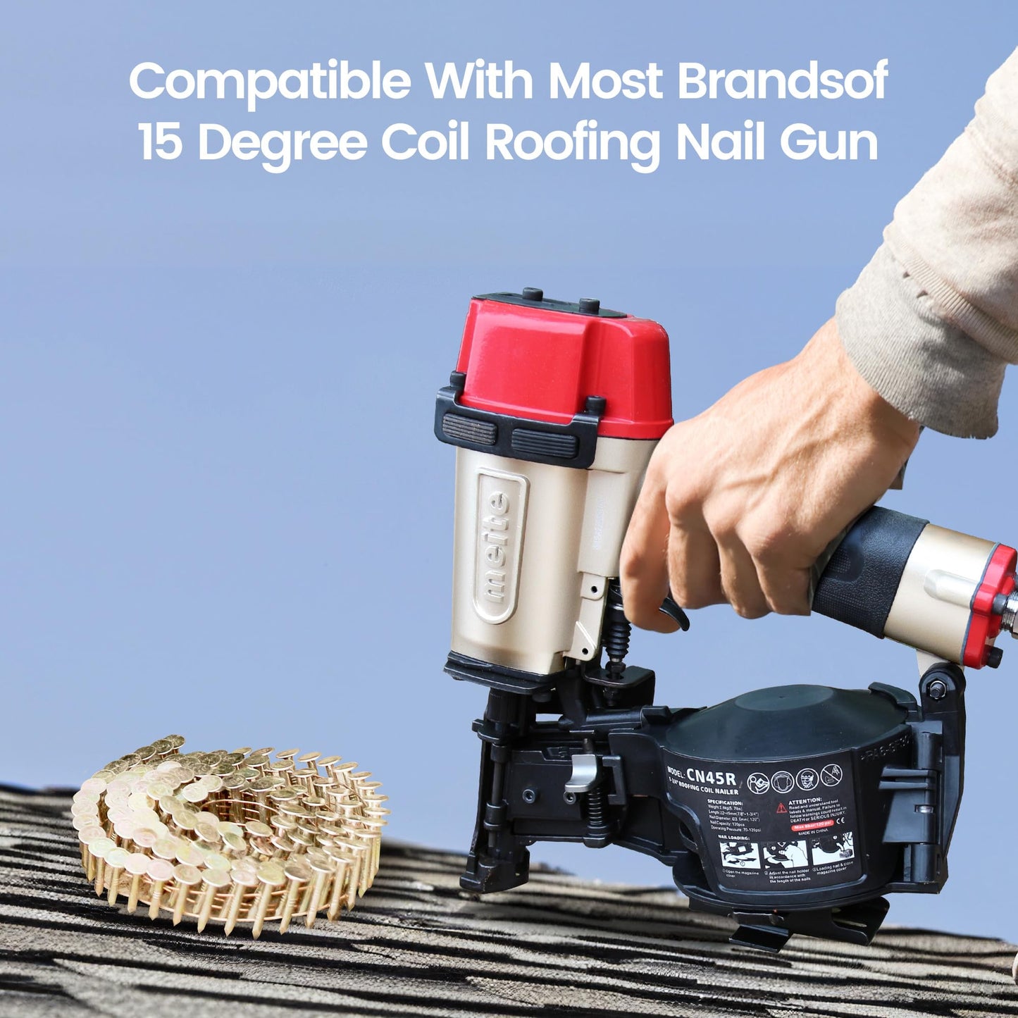 meite Coil Roofing Nails 1-3/4 Inch 15 Degree Electro Galvanized Coil Nails for Pneumatic or Cordless Roofing Nailer Gun, Big Head Wire-Collated Roofing Nails for Lathing Sheathing 2,880PCS