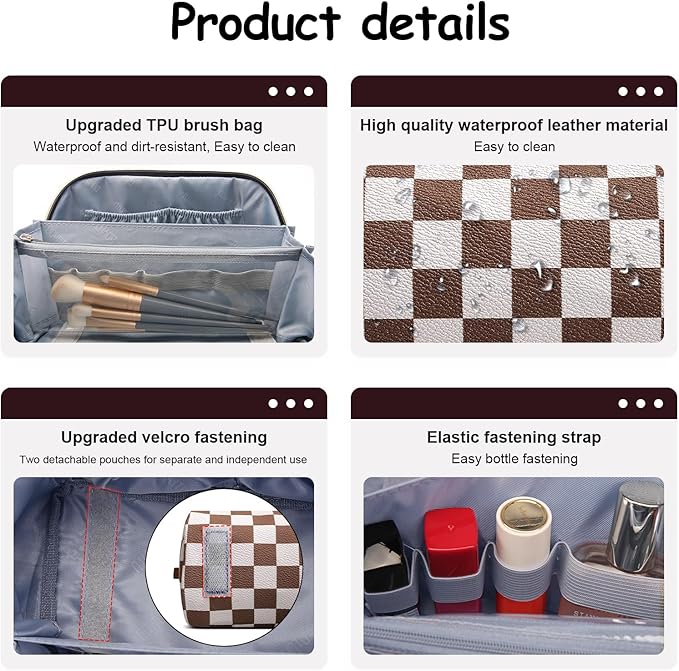 BOYATU Travel Makeup Bag Organizer Cosmetic Bag: 3 Pcs Set Make up Bags for Women with Handle - Waterproof Vegan Leather Toiletry Bag (01-G-Coffee)