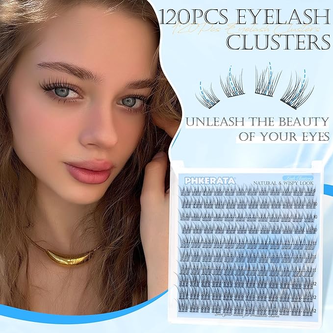 PHKERATA Natural Lash Clusters Wispy Cluster Eyelash Extensions 120 pcs Individual Lashes DIY C Curvature Eyelash Clusters 9-12 mm Natural Lashes Clusters