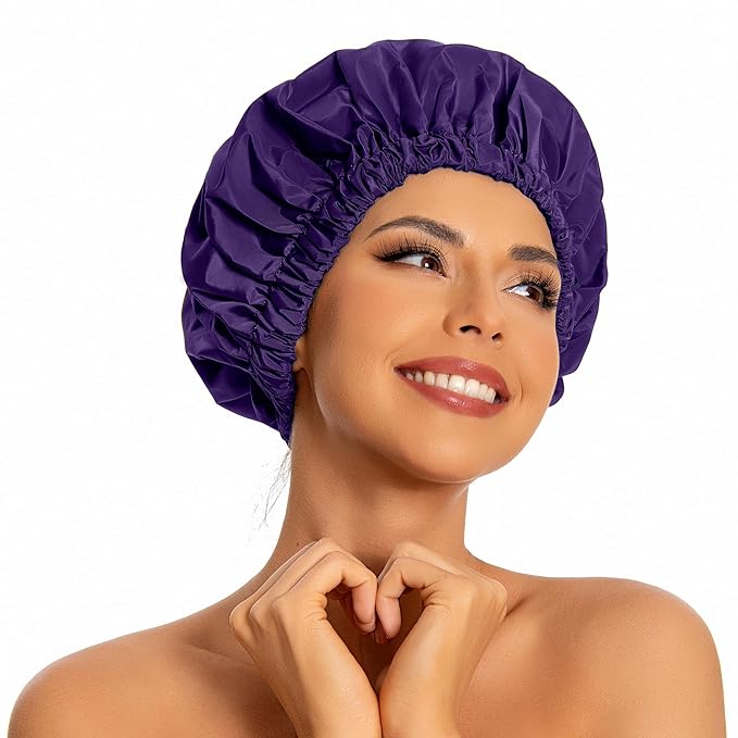 Reusable Shower Cap for Women, Large Waterproof Shower Bonnet with Elastic Band, Washable Bath Hair Cap for Long, Curly Hair, Braids, Daily Shower, Home Spa, Travel(Dark Purple)