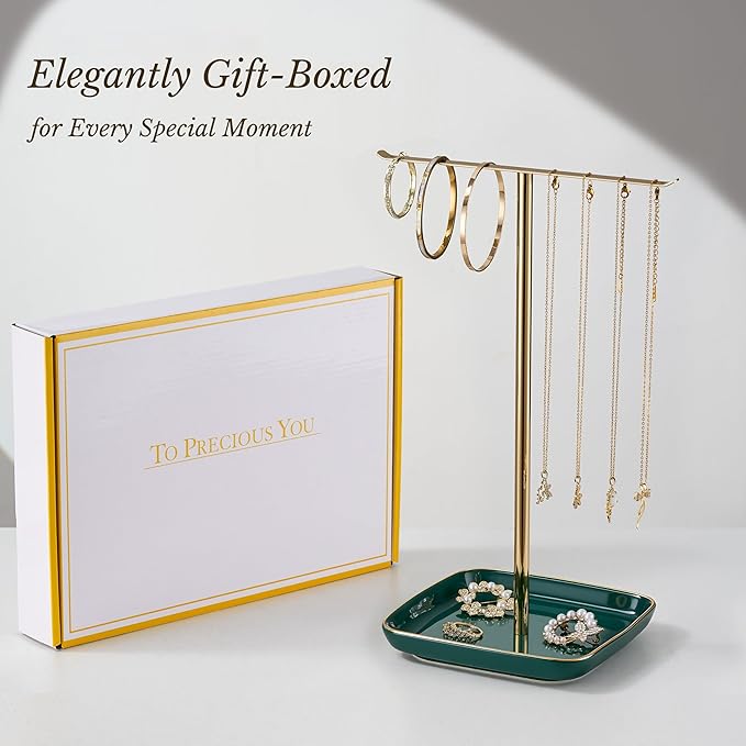 Jewelry Holder Stand with Ceramic Base: 12" Tall Necklace Organizer Rack, Tree Design Display Storage for Necklaces, Bracelets, Rings, Earrings, Aesthetic Room Décor for Girls and Women, Green