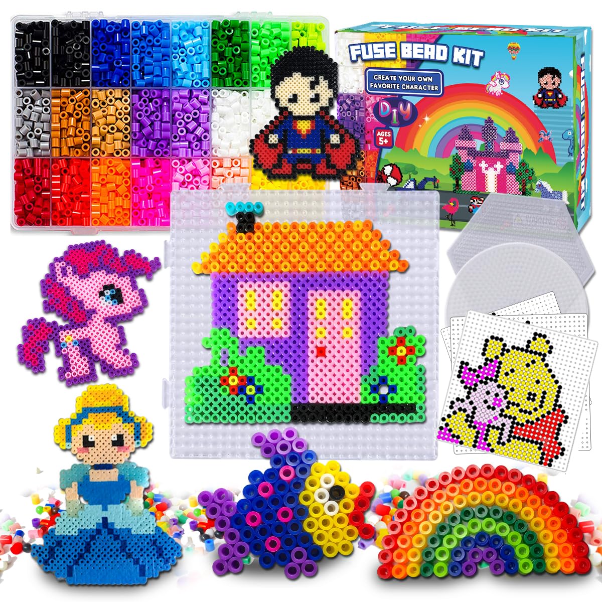 FUNZBO 5500 5mm Fuse Beads Kit - 24 Colors | 111 Patterns, Arts and Crafts for Girls and Boys, Kids Toys Set, Gifts for Kids, Teens and Adults Age 5+ Years Old