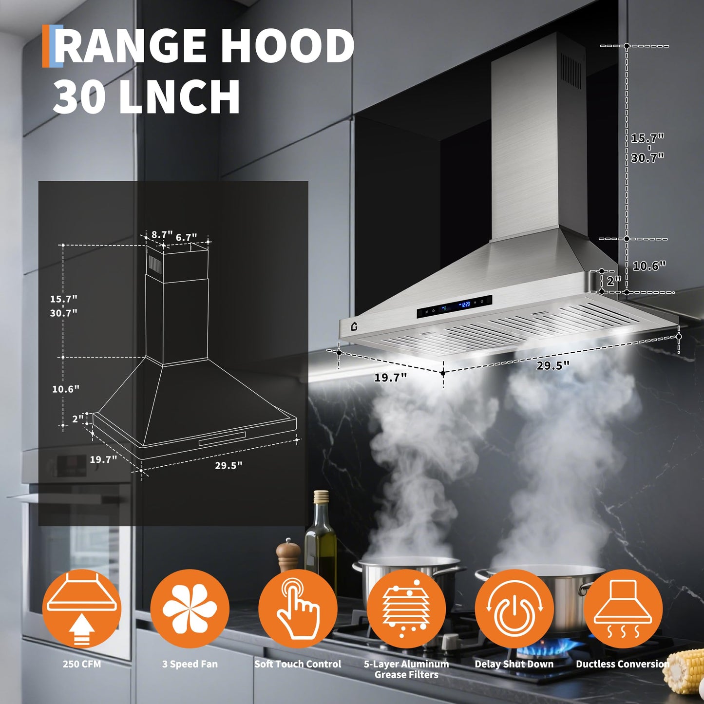 30 Inch Range Hood with 250 CFM Fan, Convertible Duct/Ductless Ventilation, Touch Panel & Remote Control, Quiet 3-Speed Fan, Convertible Duct Design, Dishwasher-Safe Filters