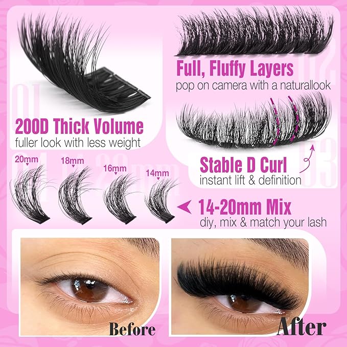 Yawamica Fluffier Lash Extension Kit Thick 200D Volume Eyelash Extension Kit 14-20mm Wispy Lash Clusters Kit D Curly Individual Lashes with Bond and Seal lash Tweezers DIY Cluster Eyelash Extensions