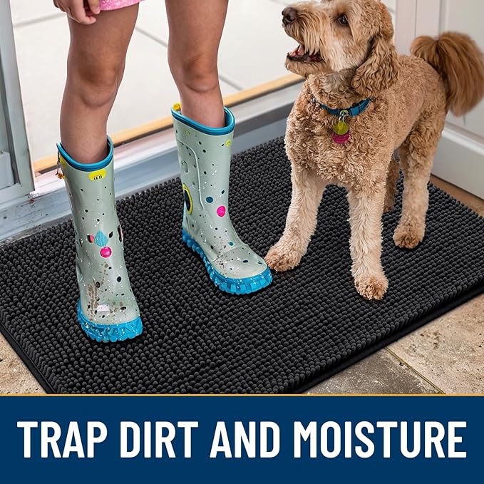 Smiry Dog Door Mat for Muddy Paws 34x21, Absorbs Moisture and Dirt Doormat, Non-Slip Washable Quick Dry Chenille Front Door Mat Indoor Entrance, Entryway Carpet for Inside Floor, Black