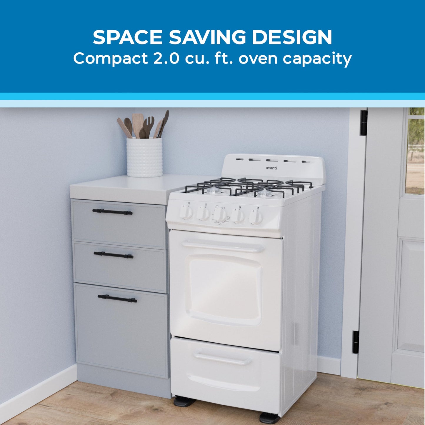 Avanti Gas Range Oven, Compact Freestanding Design, 4 Burners with Electronic Ignition, 2.1 Cu.Ft. Capacity Features Solid Door Storage Drawer Broiler and Accessories, 20-Inch, White