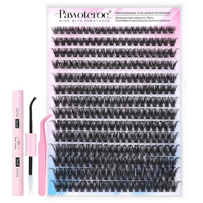 Pawotence Lash Extension Kit DIY 280pcs Individual Lash Clusters Kit 50D 9-16mm Cluster Eyelash Extensions Kit with Lash Bond and Seal, Lash Tweezers for Self Application (50D, 0.07D, 9-16mm, Kit)