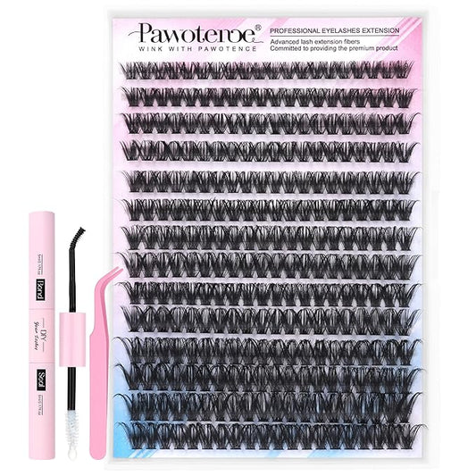 Pawotence Lash Extension Kit DIY 280pcs Individual Lash Clusters Kit 50D 9-16mm Cluster Eyelash Extensions Kit with Lash Bond and Seal, Lash Tweezers for Self Application (50D, 0.07D, 9-16mm, Kit)